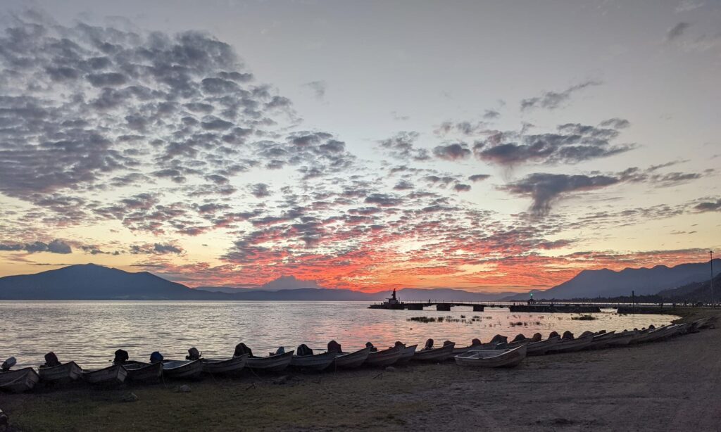 Sunset on Lake Chapala, with Isla de Jesús Pescador seen in the distance