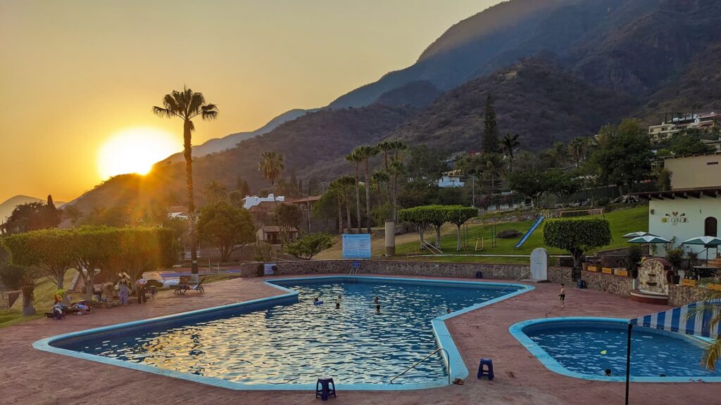 The swimming pools at the prestigious Racquet Club, seen close to sunset.